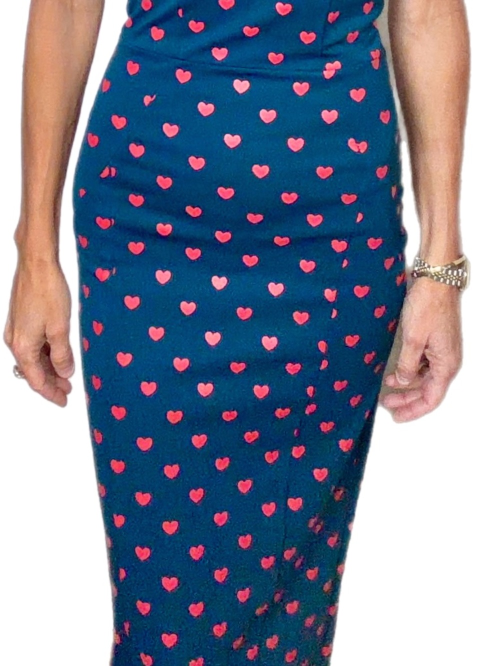 Unique Vintage Teal Heart-Print short sleeve bodycon dress,S, EUC - Picture 7 of 12